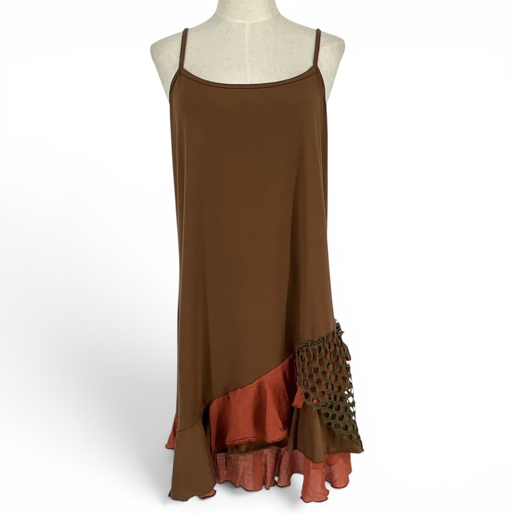 Pretty Angel Womens Brown Linen Blend Boho Asymmetrical‎ Ruffle Slip Dress L